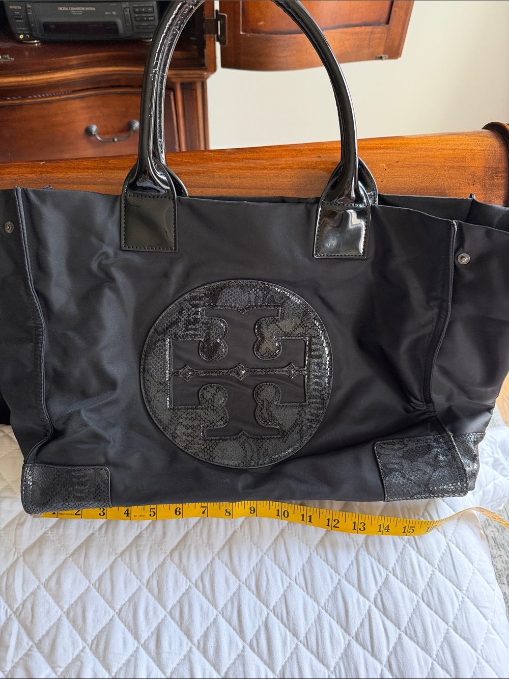 Tory Burch Black Nylon Tote with Glossy Patent Trim and Logo Medallion